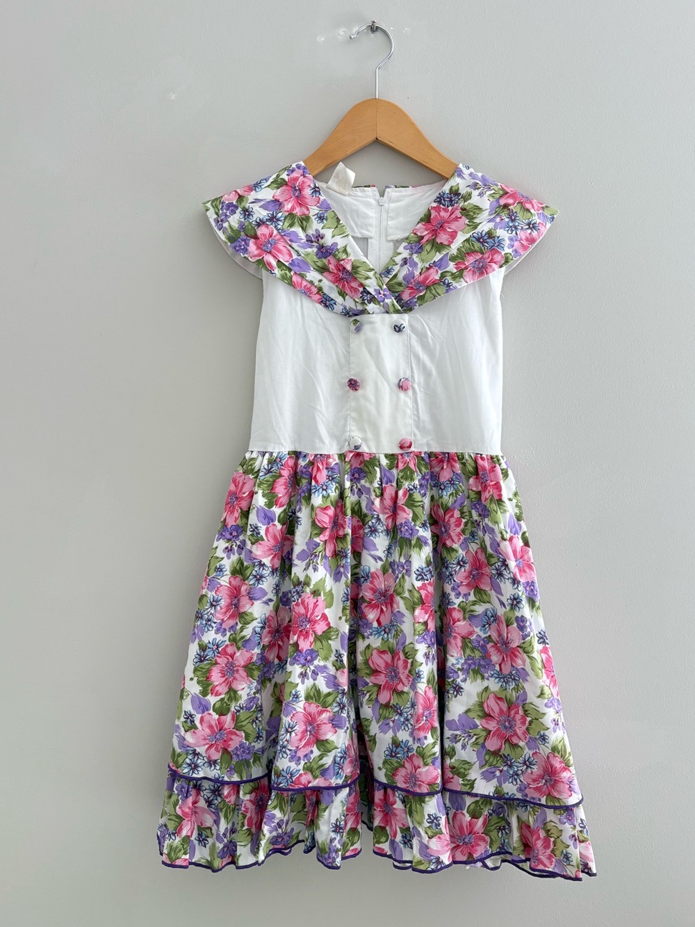 Vintage Style Girls’ Floral Sailor Collar Sleeveless Dress